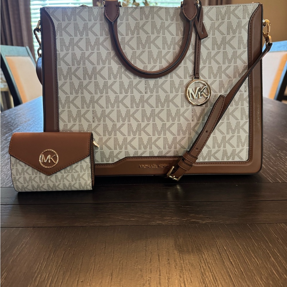 Michael Kors Tan and White Signature Tote and Matching Wallet